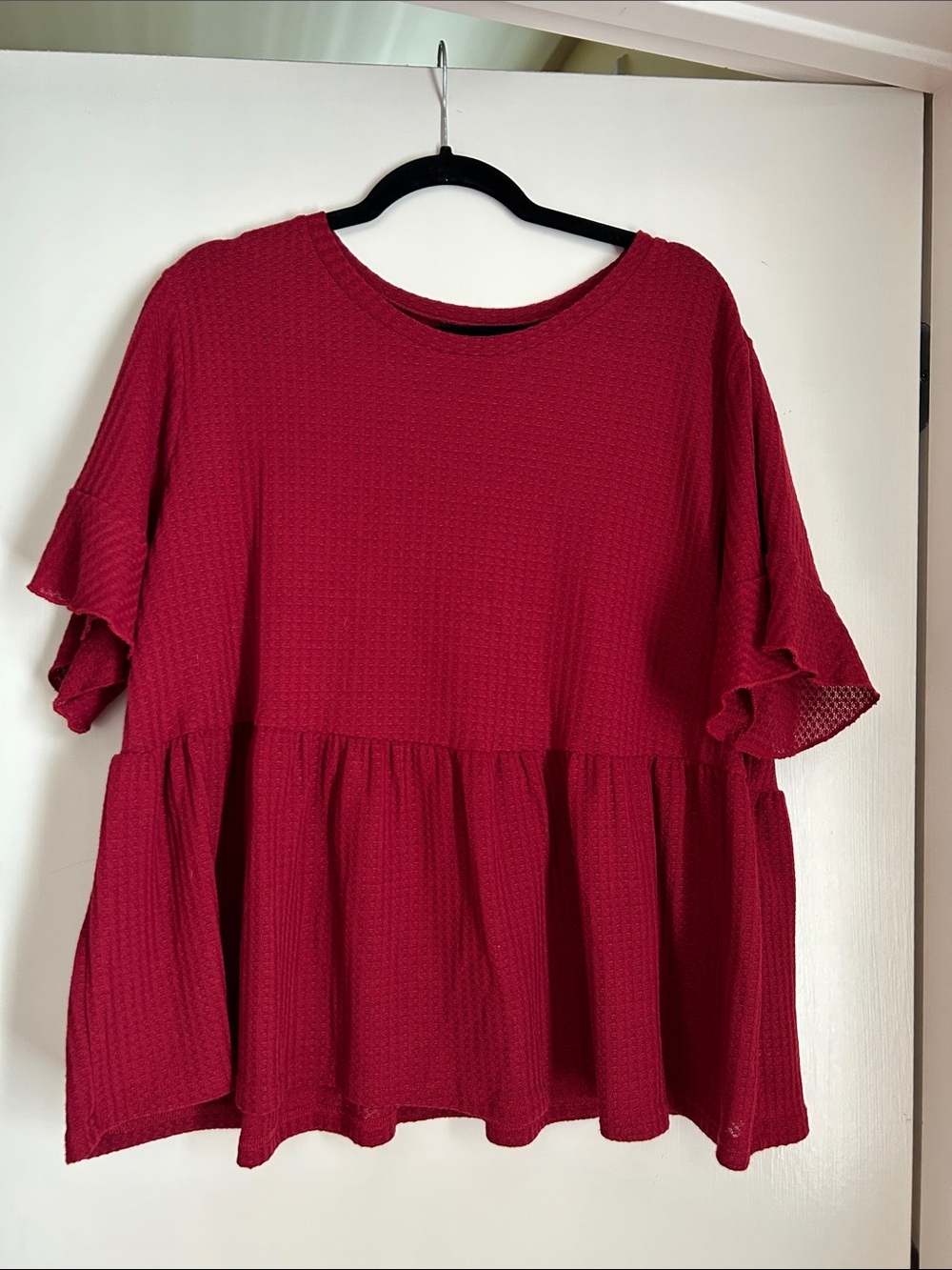 SHEIN Crimson Red Peplum Ruffle Sleeve Blouse